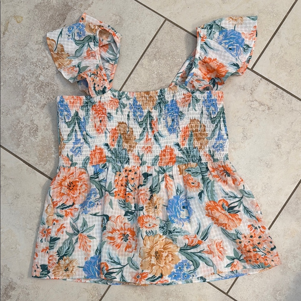LOFT Orange and Blue Puff Sleeve Ruffled Blouse